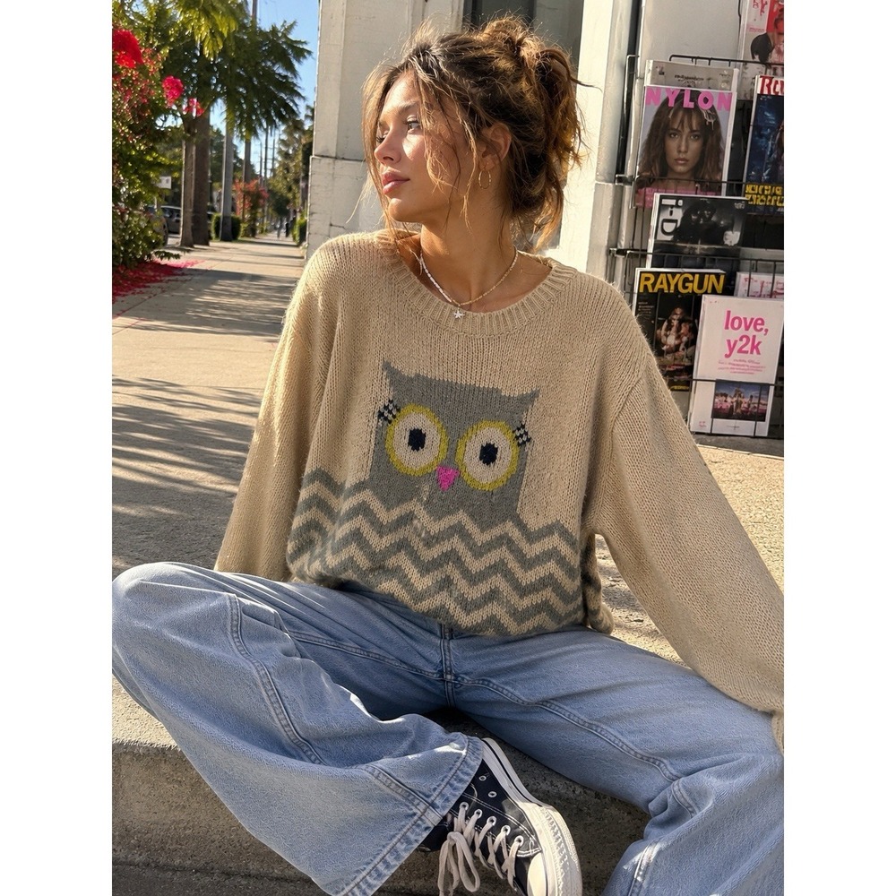 VTG Jolt Womens Owl Sweater L Tan Pullover Whimsical Novelty Nature Boho MM25